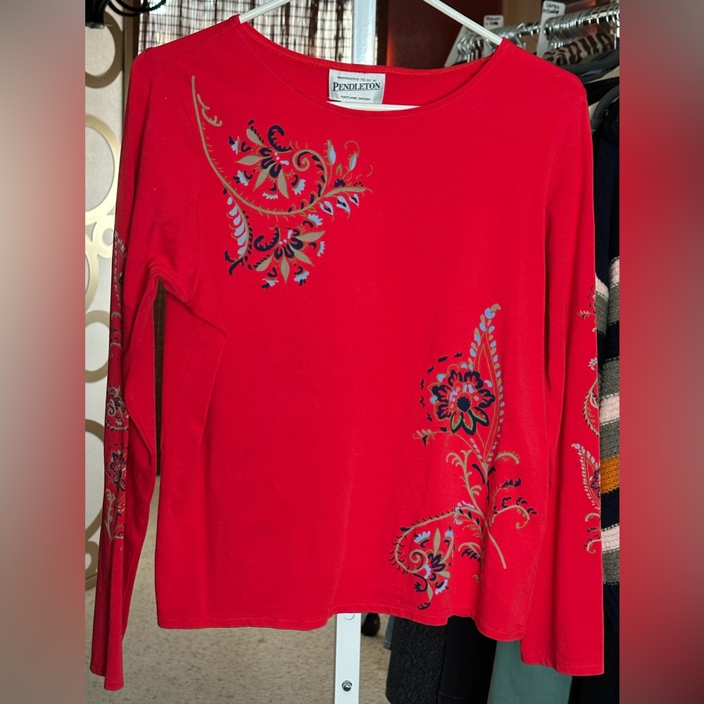 Pendleton Red Floral Folk Print Top Small Cotton Stretch Americana